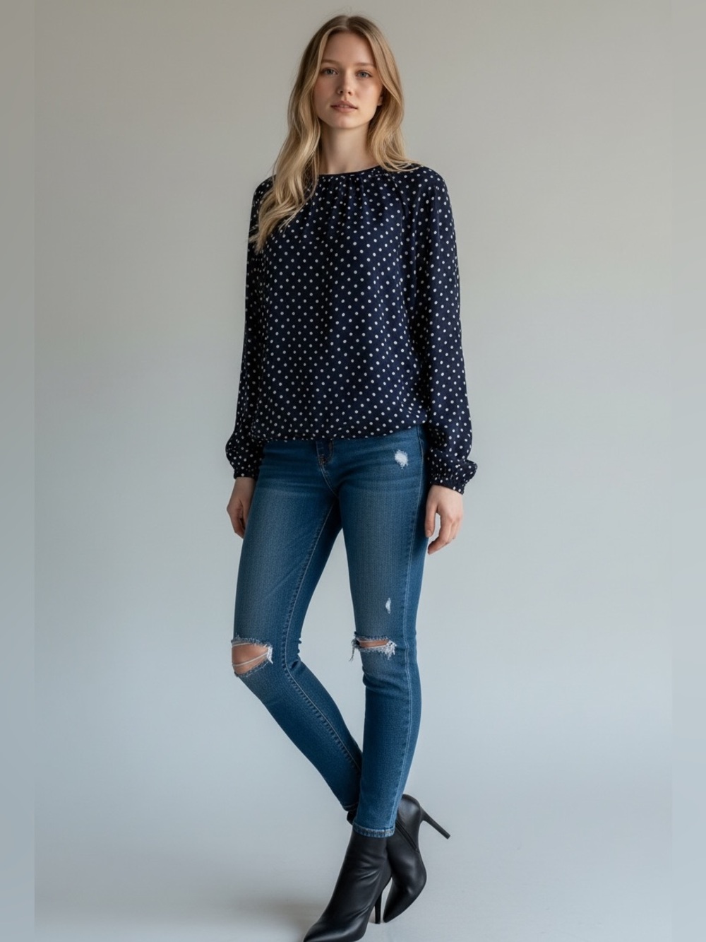 Tommy Hilfiger Navy and White Polka Dot Long-Sleeve Blouse